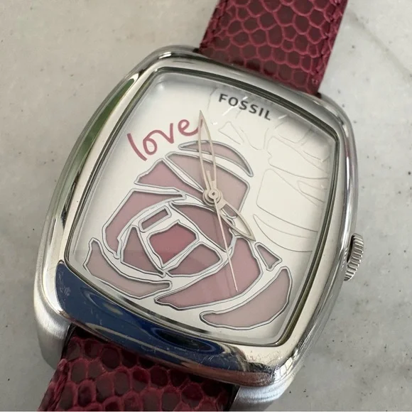 Fossil Silver Watch with Pink Rose Design - Picture 3 of 6